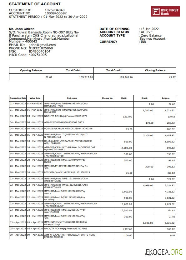 Modèle de relevé bancaire Inde IDFC First, format Word et PDF, 2 pages